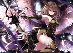  black_gloves black_hair black_legwear breasts circlet elbow_gloves gloves horns medium_breasts multiple_wings original red_eyes short_hair solo sword thighhighs weapon wings yuuki_kira 