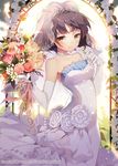  black_hair blush bouquet brown_eyes choker dress elbow_gloves flower gilse gloves original pink_flower pink_rose rose short_hair smile solo strapless strapless_dress veil white_dress white_gloves 