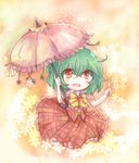  bad_id bad_pixiv_id bow flower green_hair kazami_yuuka looking_at_viewer open_clothes open_shirt parasol puffy_short_sleeves puffy_sleeves red_eyes satorichan shirt short_sleeves skirt skirt_set smile solo touhou umbrella vest younger 