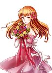  bad_id bad_pixiv_id bouquet bow brown_eyes brown_hair detached_sleeves dress expressionless flower gloves hair_flower hair_ornament long_hair moe_(450367098) original pink_dress pink_sleeves solo transparent_background 
