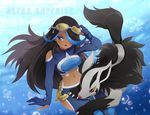  artist_name bare_shoulders big_hair blue_eyes blue_hair brown_hair copyright_name dark_skin gen_3_pokemon goggles goggles_on_head hair_over_one_eye izumi_(pokemon) long_hair midriff mightyena mikia_harris multicolored_hair navel pokemon pokemon_(creature) pokemon_(game) pokemon_oras team_aqua 