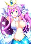  armpits arms_behind_head arms_up bead_band beads blue_eyes blush breasts cleavage elbow_gloves frilled_gloves frills gloves head_fins jewelry large_breasts long_hair mermaid merry_(diameri) midriff monster_girl navel open_mouth purple_hair puzzle_&amp;_dragons raised_eyebrows simple_background siren_(p&amp;d) solo tiara white_background white_gloves 