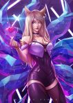  1girl absurdres ahri animal_ears backlighting bare_shoulders blonde_hair covered_navel earrings fox_ears fox_tail heart highres jewelry k/da_(league_of_legends) k/da_ahri league_of_legends lips long_hair looking_at_viewer multiple_tails solo standing tail yellow_eyes 