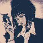  bangs blunt_bangs bob_cut cigarette ilya_kuvshinov lips looking_at_viewer mia_wallace monochrome pulp_fiction short_hair smoke solo uma_thurman 