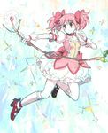  bow bow_(weapon) bubble_skirt choker crying crying_with_eyes_open flat_chest gloves hair_bow kaname_madoka kneehighs long_hair magical_girl mahou_shoujo_madoka_magica pink_eyes pink_hair saji_(mei-low) skirt solo tears twintails weapon white_gloves white_legwear 