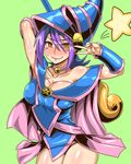  armpits bare_legs bare_shoulders blush blush_stickers breasts cleavage collarbone cosplay dark_magician_girl dark_magician_girl_(cosplay) droite_(yuu-gi-ou_zexal) duel_monster green_background hat kitsune-tsuki_(getter) large_breasts panties pantyshot simple_background solo star underwear v wand witch_hat yuu-gi-ou yuu-gi-ou_zexal 