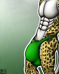  abs anthro aolun aolun_(artist) balls big_balls big_penis black_fur black_penis body_markings bulge cheetah clothed clothing faceless_male feline fur huge_penis hyper hyper_penis king_cheetah male mammal markings muscles pecs penis plain_background pose solo spots thong toned topless underwear white_fur yellow_fur 