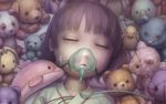  brown_hair closed_eyes commentary_request daiyou-uonome face_mask hospital_gown mask original oxygen_mask short_hair sleeping solo stuffed_animal stuffed_bird stuffed_bunny stuffed_dog stuffed_dolphin stuffed_toy tape teddy_bear tube wire 