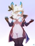  blue_nipples blue_nose blue_pussy breasts cervine chest_tuft cloak clothing deer female fur glowing hair horn legwear mammal navel nipples nosivi patto pussy smirk thigh_highs tuft white_fur white_hair yellow_eyes 
