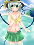  arlonn bikini_top blush bow breasts cleavage collarbone green_eyes hat hat_bow heart heart-shaped_pupils heart_of_string highres komeiji_koishi looking_at_viewer navel parted_lips shiny shiny_skin shore solo swimsuit swimsuit_skirt symbol-shaped_pupils third_eye touhou white_hair 