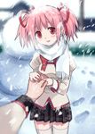  blush holding_hands kaname_madoka long_hair long_sleeves mahou_shoujo_madoka_magica out_of_frame pink_eyes pink_hair pleated_skirt pov pov_hands puffy_long_sleeves puffy_sleeves saji_(mei-low) scarf school_uniform skirt smile snowing solo_focus thighhighs twintails zettai_ryouiki 