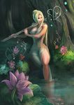  blonde_hair breasts crow_aberdeen euterpe flower flute forest greek highres instrument large_breasts muse music mythology nature pond 