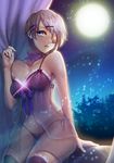  arm_support babydoll blue_eyes bow breasts camisole choker earrings eyepatch frills full_moon hair_ornament iri_flina jewelry large_breasts lingerie moon night night_sky open_mouth panties parted_lips ribbon see-through short_hair side-tie_panties silver_hair single_earring sky solo star_(sky) sword_girls thighhighs underwear underwear_only 