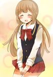  ^_^ blush bow brown_hair chikua0512 closed_eyes highres hime_cut long_hair low_twintails open_mouth skirt smile solo twintails umineko_no_naku_koro_ni ushiromiya_rosa vest younger 