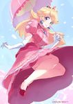  ario bare_legs blonde_hair blue_eyes blush breasts crown dress earrings elbow_gloves gloves high_heels jewelry large_breasts legs long_hair mario_(series) pink_dress pink_umbrella princess_peach puffy_sleeves smile solo super_mario_bros. umbrella white_gloves 