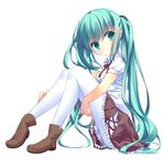  green_eyes green_hair hatsune_miku highres long_hair nametakenoko pantyhose sitting skirt solo twintails very_long_hair vocaloid white_background 