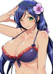  bikini_top blue_hair breasts flower green_eyes hair_flower hair_ornament large_breasts looking_at_viewer love_live! love_live!_school_idol_project mushi024 one_eye_closed simple_background smile solo tan toujou_nozomi twintails white_background 