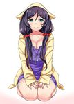  animal_hood aqua_eyes breasts cleavage hair_over_shoulder hood large_breasts long_hair looking_at_viewer love_live! love_live!_school_idol_project mushi024 nightgown purple_hair seiza sitting smile solo toujou_nozomi twintails v_arms 