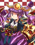  bangs blunt_bangs blush checkered checkered_background collarbone floral_print gauntlets haori headdress headpiece japanese_clothes jewelry katana kimono long_hair magatama maho_(boku_no_kao_wo_otabeyo) outline purple_hair puzzle_&amp;_dragons red_eyes ribbon sidelocks smile solo sword twintails weapon yellow_ribbon yomi_(p&amp;d) 