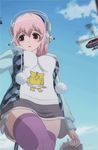  3d animated animated_gif bouncing_breasts breasts fur_trim giantess headphones helicopter hood hoodie lowres nitroplus pink_hair pom_poms raglan_sleeves shirt skirt soniani super_sonico t-shirt thighhighs 
