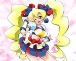 ;d \m/ alternate_form blonde_hair blue_skirt bow cosplay crop_top cure_honey cure_honey_(cosplay) cure_peach earrings fresh_precure! happinesscharge_precure! jewelry long_hair look-alike magical_girl md5_mismatch midriff miniskirt momozono_love multicolored multicolored_clothes multicolored_skirt one_eye_closed open_mouth popcorn_cheer precure purple_eyes ryuuta_(cure_ryuuta) skirt smile solo twintails wrist_cuffs 