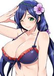  bikini_top blue_hair breasts flower green_eyes hair_flower hair_ornament large_breasts looking_at_viewer love_live! love_live!_school_idol_project mushi024 one_eye_closed simple_background smile solo toujou_nozomi twintails white_background 