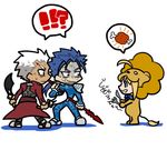 !!? !? 1girl 2boys ? ahoge animal_costume archer artoria_pendragon_(all) boned_meat chibi drooling dual_wielding fate/stay_night fate/tiger_colosseum fate_(series) food fork gae_bolg gupaon holding hungry kanshou_&amp;_bakuya knife lancer lion_costume meat multiple_boys polearm saber saber_lion spear sweat sword weapon you_gonna_get_raped 