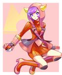  boots dress full_body gloves high_heel_boots high_heels holding holding_poke_ball hood hoodie horned_headwear kagari_(pokemon) looking_at_viewer poke_ball pokemon pokemon_(game) pokemon_oras purple_eyes purple_hair red_dress ribbed_sweater rikovui short_hair solo sweater team_magma uniform 