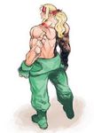  1boy abs alex alex_(street_fighter) blonde_hair blue_eyes bomber_jacket fingerless_gloves gloves headband jacket long_hair lowres male male_focus pectorals shirtless solo street_fighter tattoo 