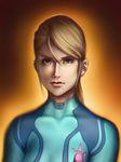  bangs blonde_hair bodysuit collarbone eyelashes gradient gradient_background grey_eyes hair_between_eyes lips long_hair looking_at_viewer md5_mismatch metroid mole mole_under_mouth nose orange_background parted_bangs ponytail realistic resized samus_aran serious signature skin_tight solo swept_bangs tristion_edison upper_body upscaled zero_suit 