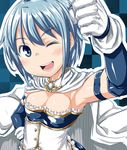  ;d armband armpits blue_eyes blue_hair breasts cape cleavage foreshortening gloves hand_on_hip highres kaho_(amal135) large_breasts magical_girl mahou_shoujo_madoka_magica miki_sayaka one_eye_closed open_mouth short_hair smile solo 