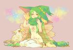  1girl alraune_(p&amp;d) animal armlet bad_id bad_pixiv_id bare_shoulders bird blush boots breasts cleavage closed_eyes cosplay dress fairy fairy_wings flower full_body green_hair green_hat hair_flower hair_ornament hand_on_headwear hat long_hair medium_breasts multiple_wings odin_(p&amp;d) odin_(p&amp;d)_(cosplay) purple_background puzzle_&amp;_dragons scarf simple_background sitting smile solo sparkle thighhighs very_long_hair white_dress white_legwear wings witch_hat yellow_footwear zettai_ryouiki 
