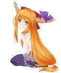  absurdres blonde_hair bow chain hair_bow highres horn_bow horns ibuki_suika long_hair looking_back low-tied_long_hair solo torn_clothes torn_sleeves touhou very_long_hair white_background yami_nabe yellow_eyes 