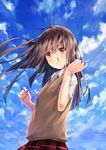  blood blue_sky brown_eyes brown_hair cloud day earphones earphones_removed highres long_hair looking_at_viewer nosebleed original re_lucy school_uniform shirt short_sleeves skirt sky solo vest 