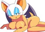  1girl animal_ears apostle areolae ass blue_eyes breasts furry large_breasts lying makeup naughty_face nipples nude oekaki rouge_the_bat sega sonic_the_hedgehog tail wings 