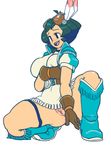  aero_(suetsugu_haruki) bad_id bad_tumblr_id boots breasts cowboy_boots feathers frills gloves goggles goggles_on_head gonzozeppeli hair_feathers knee_boots large_breasts native_american no_panties one_knee pussy rockman rockman_dash rockman_dash_3 solo thick_thighs thigh_strap thighs 