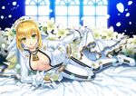  ahoge blonde_hair bodysuit breasts breasts_apart briska center_opening cleavage fate/extra fate/extra_ccc fate_(series) flower green_eyes lily_(flower) lock medium_breasts nero_claudius_(bride)_(fate) nero_claudius_(fate)_(all) padlock solo veil white_bodysuit 