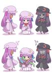  3girls :&lt; alternate_color alternate_skin_color black_sclera book bow crescent crossed_arms dark_skin hat highres jitome kuroshiro_gurei multiple_girls multiple_persona o_o patchouli_knowledge purple_eyes purple_hair red_eyes sharp_teeth sitting slime teeth tentacles touhou 