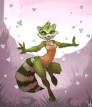  anthro arthropod atryl breasts butterfly claws digitigrade female insect leaf mammal markings monokini one_eye_closed outside raccoon smile socks_(marking) solo wide_hips 