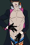  black_hair green_eyes hat jojo&#039;s_bizarre_adventure jojo's_bizarre_adventure jojo_no_kimyou_na_bouken kuujou_joutarou long_coat male male_focus nipples o-rui short_hair stripping undressing uniform 