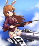  a9b_(louis814) animal_ears blue_eyes blush bunny_ears charlotte_e_yeager flying gun highres long_hair looking_at_viewer orange_hair panties rifle smile solo strike_witches striker_unit trigger_discipline underwear weapon white_panties world_witches_series 