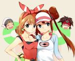  2girls :t blue_eyes bow breast_press breasts brown_hair double_bun fanny_pack hair_ribbon haruka_(pokemon) hat kyouhei_(pokemon) long_hair md5_mismatch mei_(pokemon) multiple_boys multiple_girls open_mouth poke_ball_theme pokemon pokemon_(game) pokemon_bw2 pokemon_oras pout raglan_sleeves ribbon shirt shovelwell sleeveless sleeveless_shirt twintails visor_cap yuuki_(pokemon) 