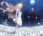  1girl arcueid_brunestud blonde_hair cane child dress facing_away field flower flower_field full_moon kishua_zelretch_schweinorg long_hair moon night night_sky pantyhose petals sky tsukihime tsukikanade very_long_hair white_dress younger 