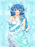  animal_ears bare_shoulders blue_eyes blue_hair blush breasts dress elbow_gloves gloves head_fins hozenkakari looking_at_viewer md5_mismatch medium_breasts mermaid monster_girl short_hair smile solo touhou wakasagihime white_gloves 