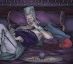  bed earrings food grey_hair jean_pierre_polnareff jewelry jojo_no_kimyou_na_bouken lying male_focus pillow plate realistic shadow55 skirt solo 