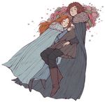  1boy 1girl a_song_of_ice_and_fire braid brother_and_sister brown_hair cape dress eyes_closed flower game_of_thrones orange_hair robb_stark sansa_stark shie_(517151) short_hair siblings sleeping 