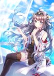 bare_shoulders boots brown_hair cup curtains detached_sleeves double_bun finger_to_chin hairband japanese_clothes kantai_collection kongou_(kantai_collection) long_hair nontraditional_miko ribbon-trimmed_sleeves ribbon_trim riichu skirt smile solo teacup thigh_boots thighhighs window 