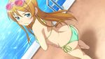  :&lt; ass back barefoot bikini brown_hair closed_mouth dutch_angle embarrassed eyewear_on_head frown game_cg hair_ornament hairclip kousaka_kirino long_hair looking_back official_art ore_no_imouto_ga_konna_ni_kawaii_wake_ga_nai pool pool_ladder poolside side-tie_bikini solo sunglasses swimsuit v-shaped_eyebrows water 