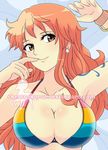  arms_up bangle bikini_top bracelet breasts brown_eyes cleavage collarbone earrings finger_to_mouth from_above head_tilt jewelry large_breasts log_pose long_hair lying nami_(one_piece) on_back one_piece one_piece_film_z red_hair shiny shiny_skin smile solo striped tattoo theafrohorse upper_body watermark web_address 