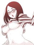  areola_slip areolae bare_shoulders blush bottomless breasts covered_nipples crop_top crop_top_overhang glasses large_areolae large_breasts lips long_hair mike_inel monochrome navel no_bra off-shoulder_shirt open_mouth original perky_breasts shirt solo sweat underboob 